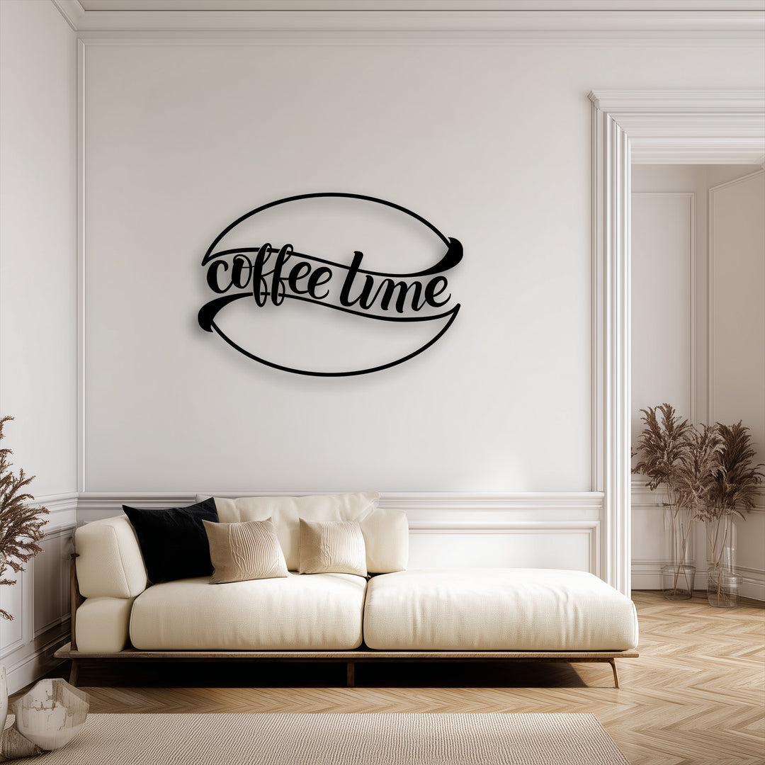The smooth black edges and elegant oval borders of the 'Coffee Time' metal wall decor complement the room's classic moldings.