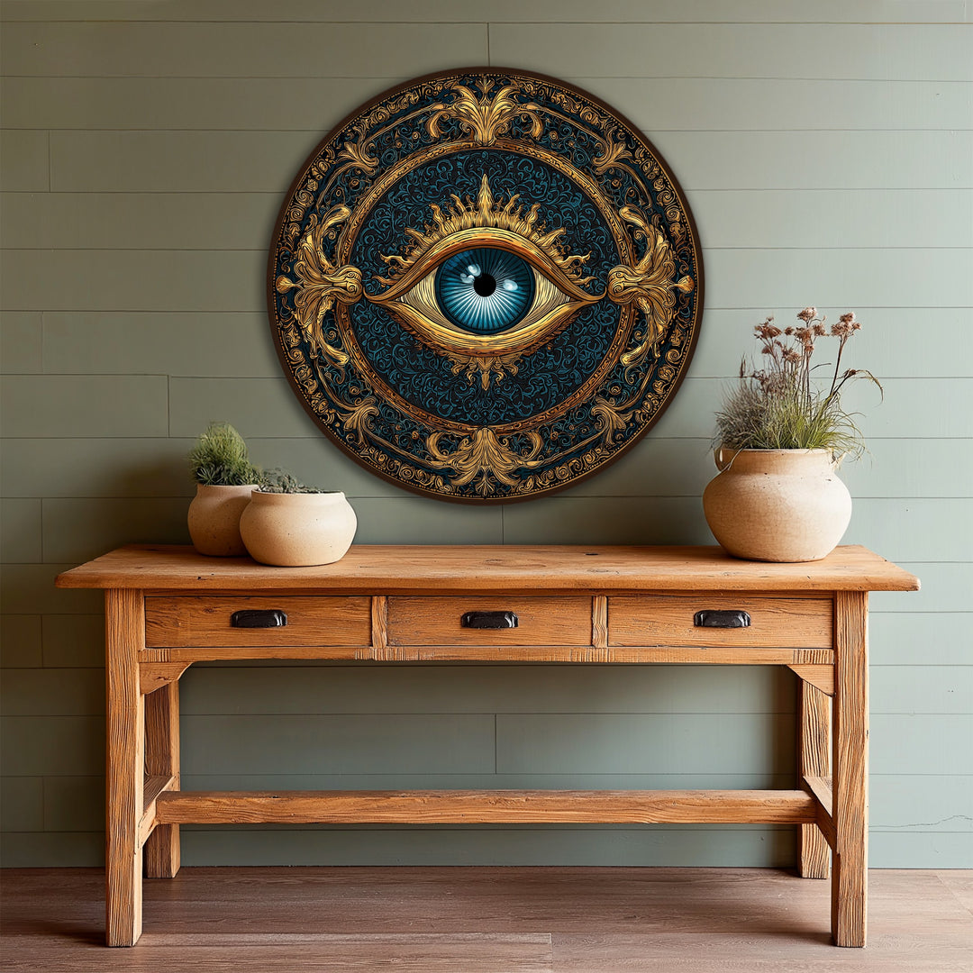 Against a soft green shiplap background, the ornate round wooden Celestial Guardian Eye oil painting decoration adds a mystical touch to the setting.