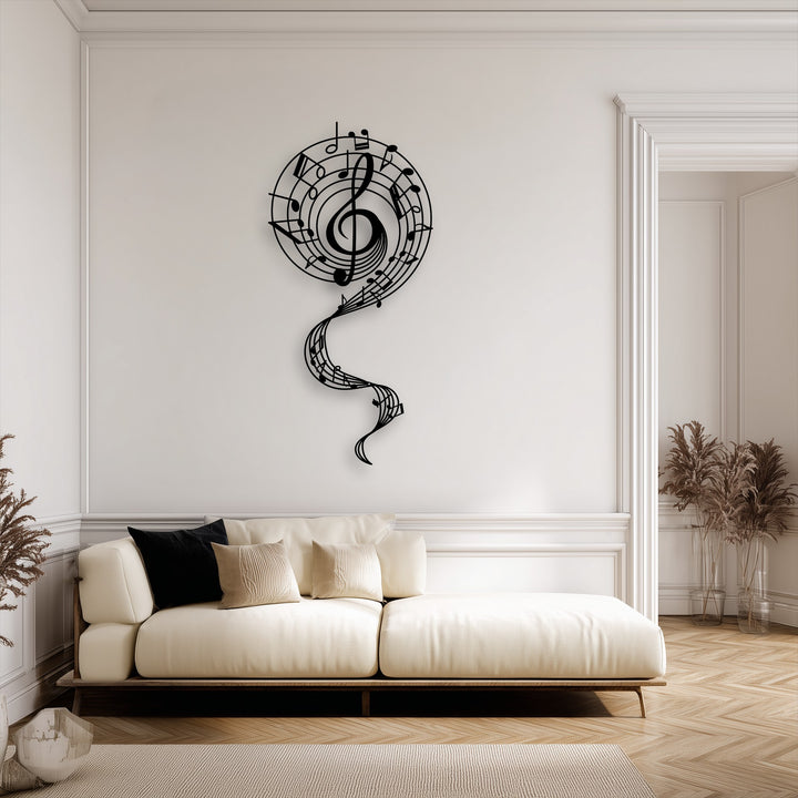 The warm color temperature of this room highlights the intricate details of the Flowing Melody Treble Clef abstract music metal artwork.