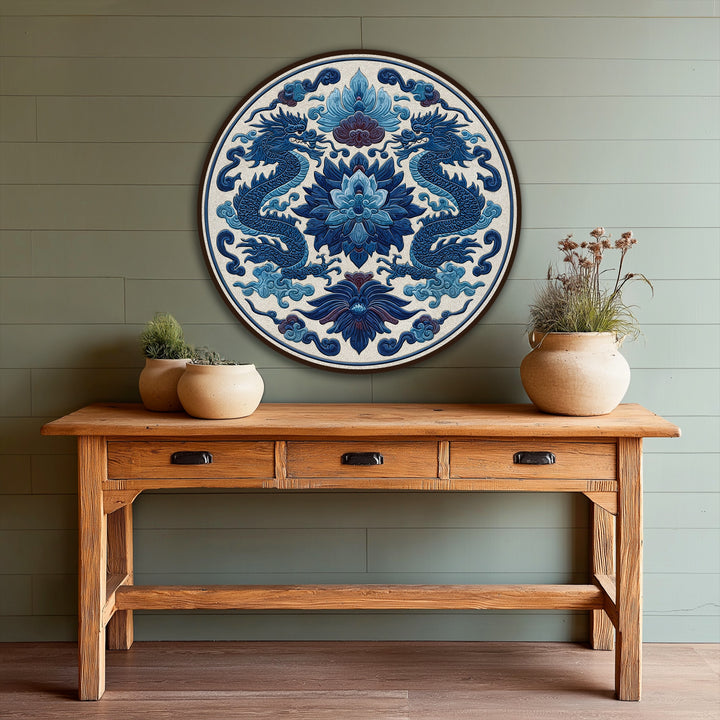 Finely crafted, this royal blue twin dragons round oil painting showcases exceptional brushwork and color depth, exemplifying modern oil painting art techniques.