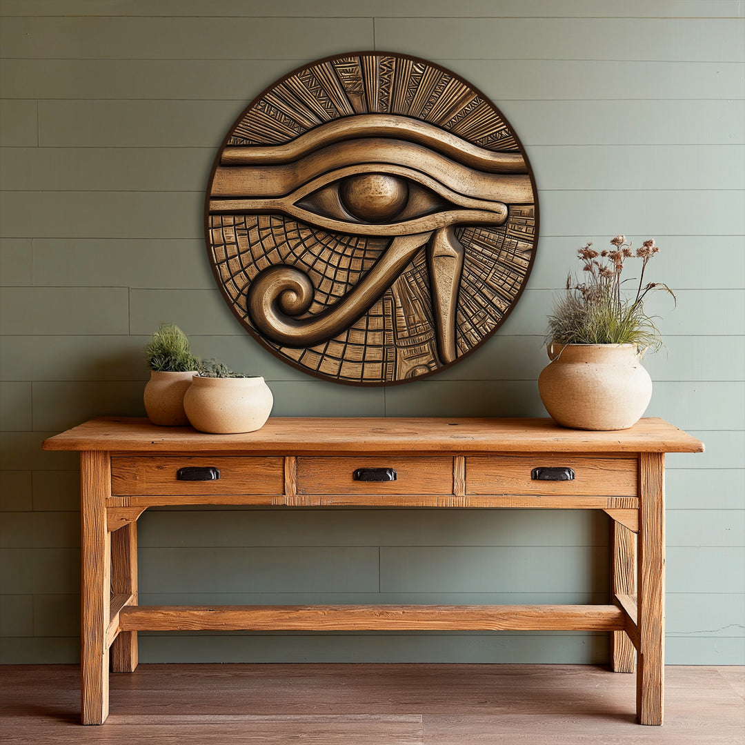 Carved borders accentuate the edge of this round wood-mounted ancient Egyptian eye, offering unique oil painting artwork.