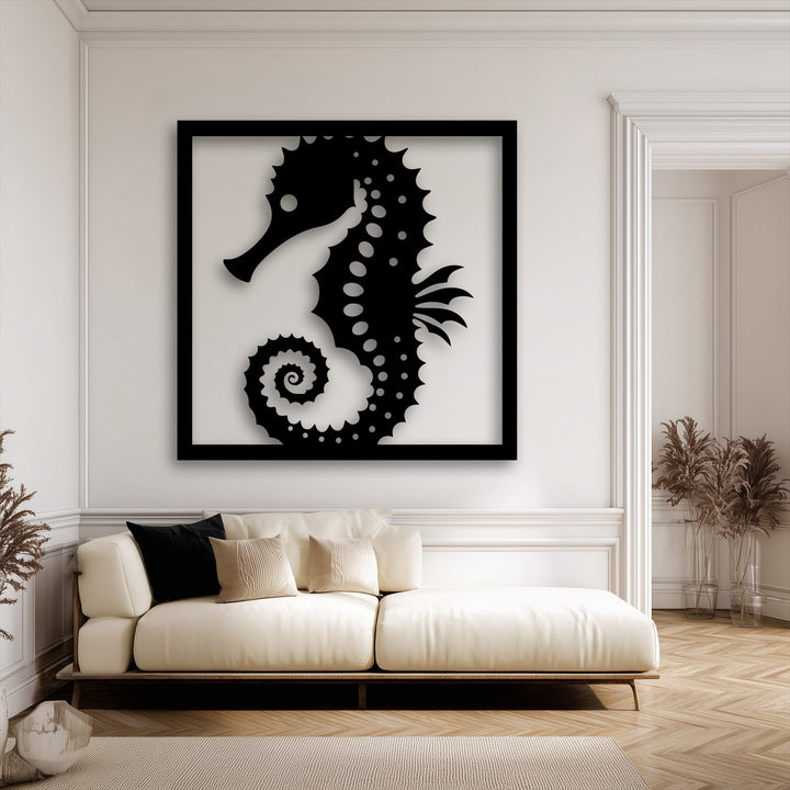 The background is a classic, light-toned room with elegant white paneled walls and molding, subtly highlighting the seahorse metal artwork.