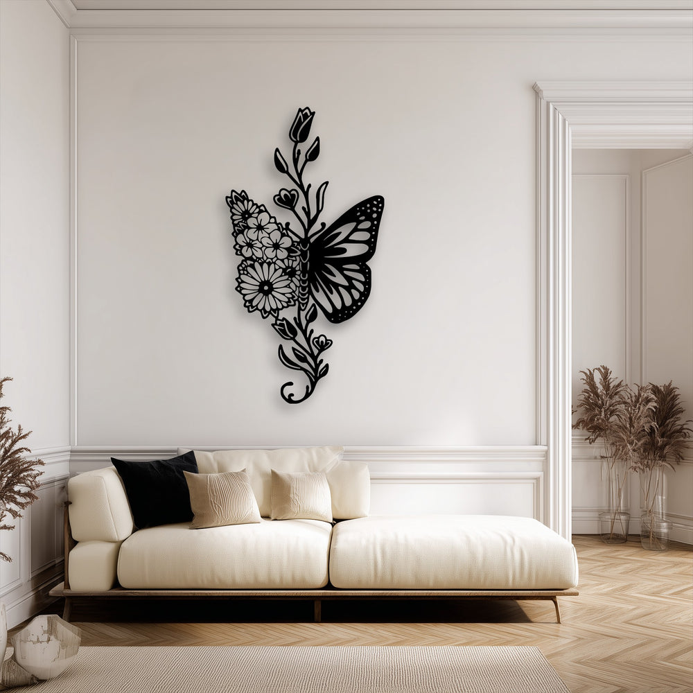 Fluid lines animate the elegant Floral Butterfly Fusion metal artwork, depicting a graceful butterfly hovering amidst blooming flowers, evoking dynamic motion.