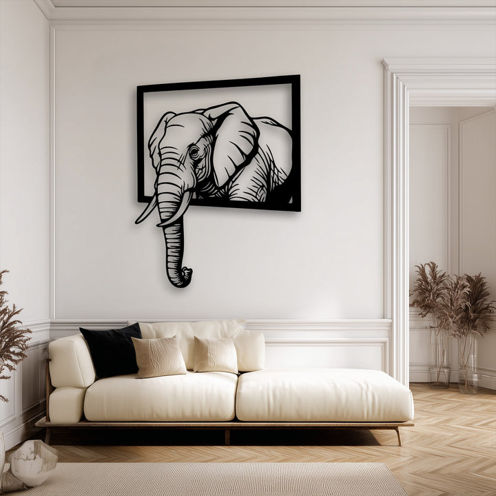 A soft textured rug anchors a cream sofa with decorative pillows, beneath striking elephant metal art for wall that creates a 3D effect.
