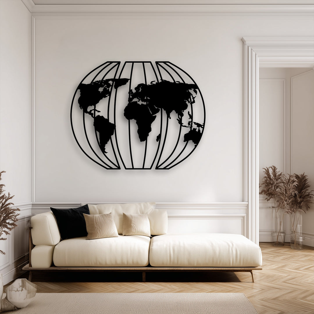 The stillness of a minimalist living space is accentuated by a large, intricate 3D globe world map decorative metal art piece.
