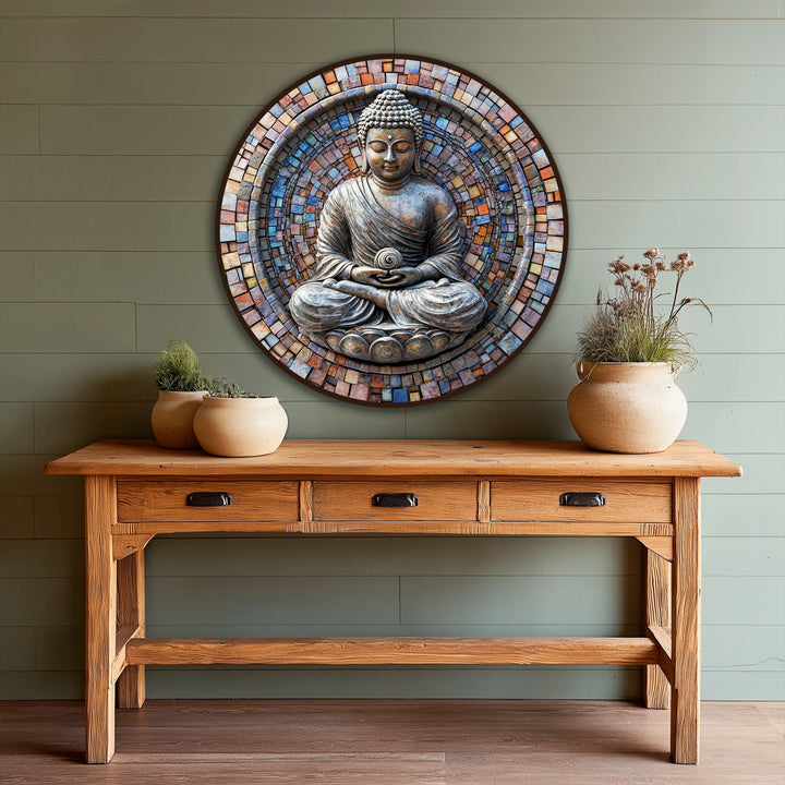 Highlighting the layering effect, this mosaic-style round Buddha oil painting artwork creates depth with its intricate tile pattern around the central figure.