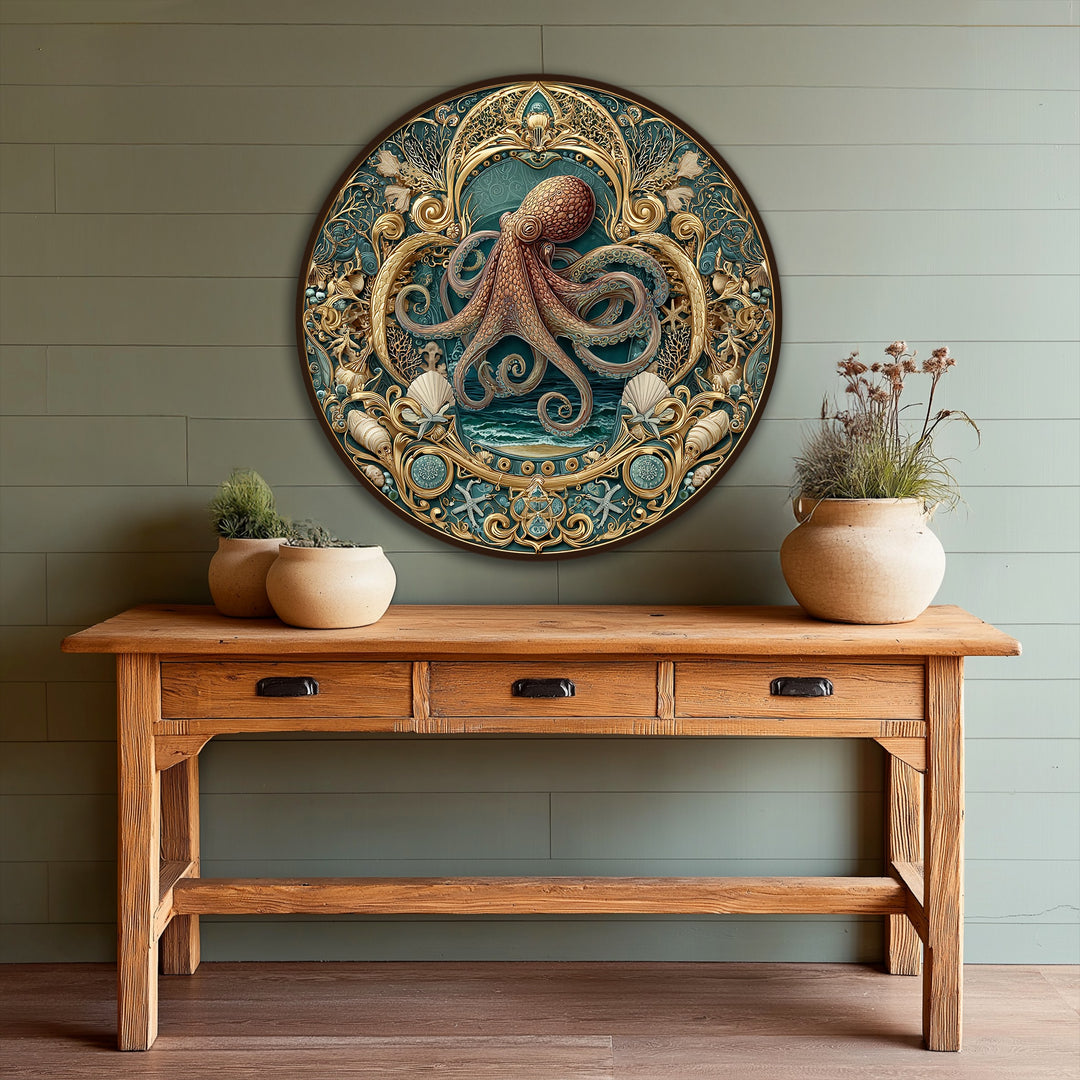 Wood-paneled background wall sets the scene for an ornate, baroque-style octopus round oil painting reproduction print with coastal elements.