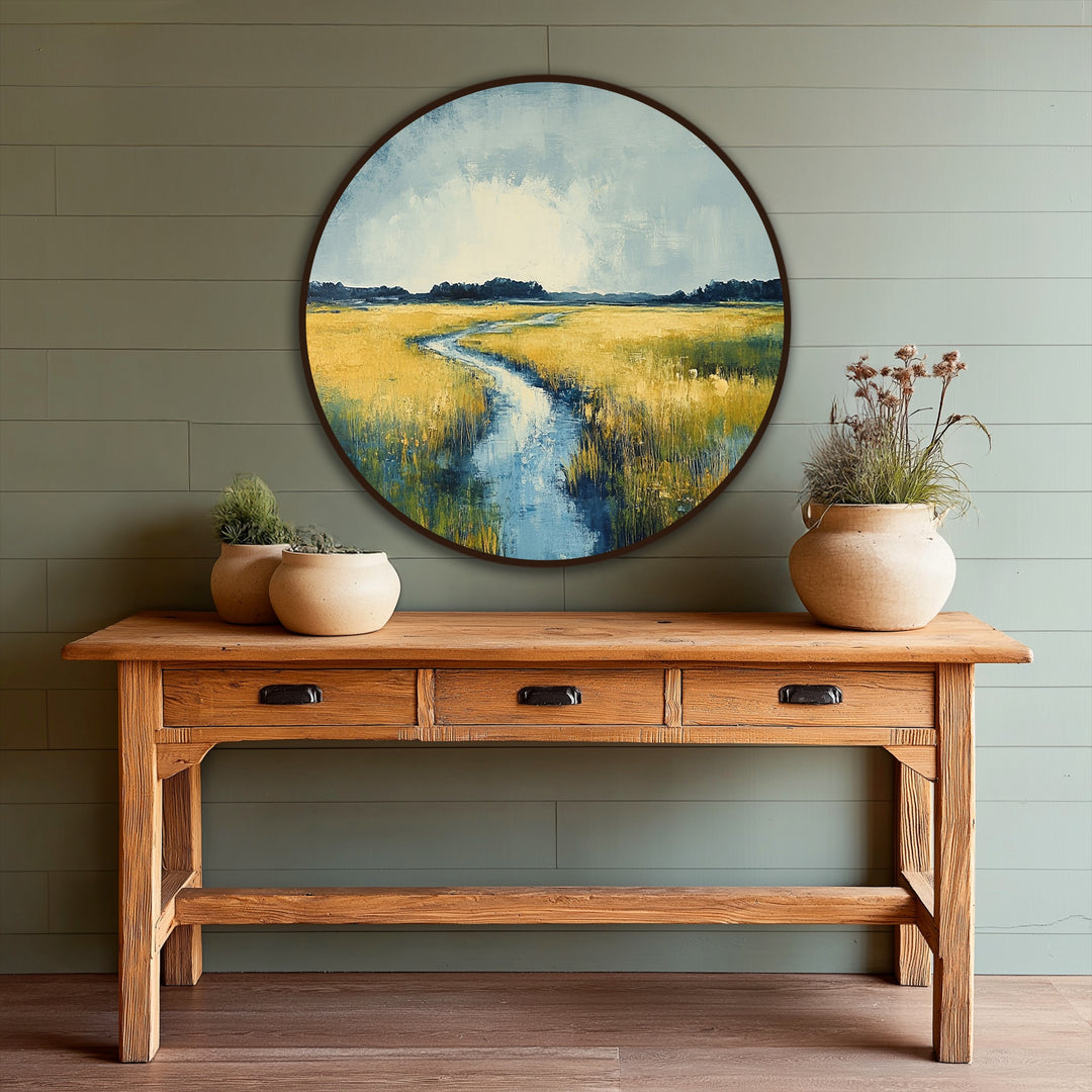 Focal point of the golden horizon shows the serene meadow river oil painting art prints with a blue waterway flowing through a field of golden grass.