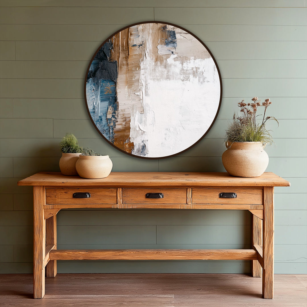 Textured finish highlights the brushstrokes of this Earth & Horizon abstract oil painting, a modern oil painting art piece in browns, creams, and blues.