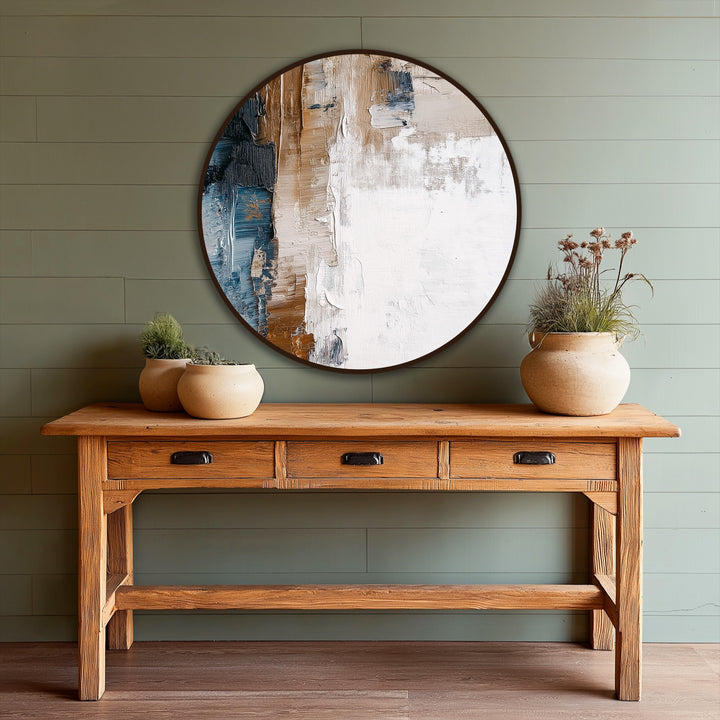 Textured finish highlights the brushstrokes of this Earth & Horizon abstract oil painting, a modern oil painting art piece in browns, creams, and blues.