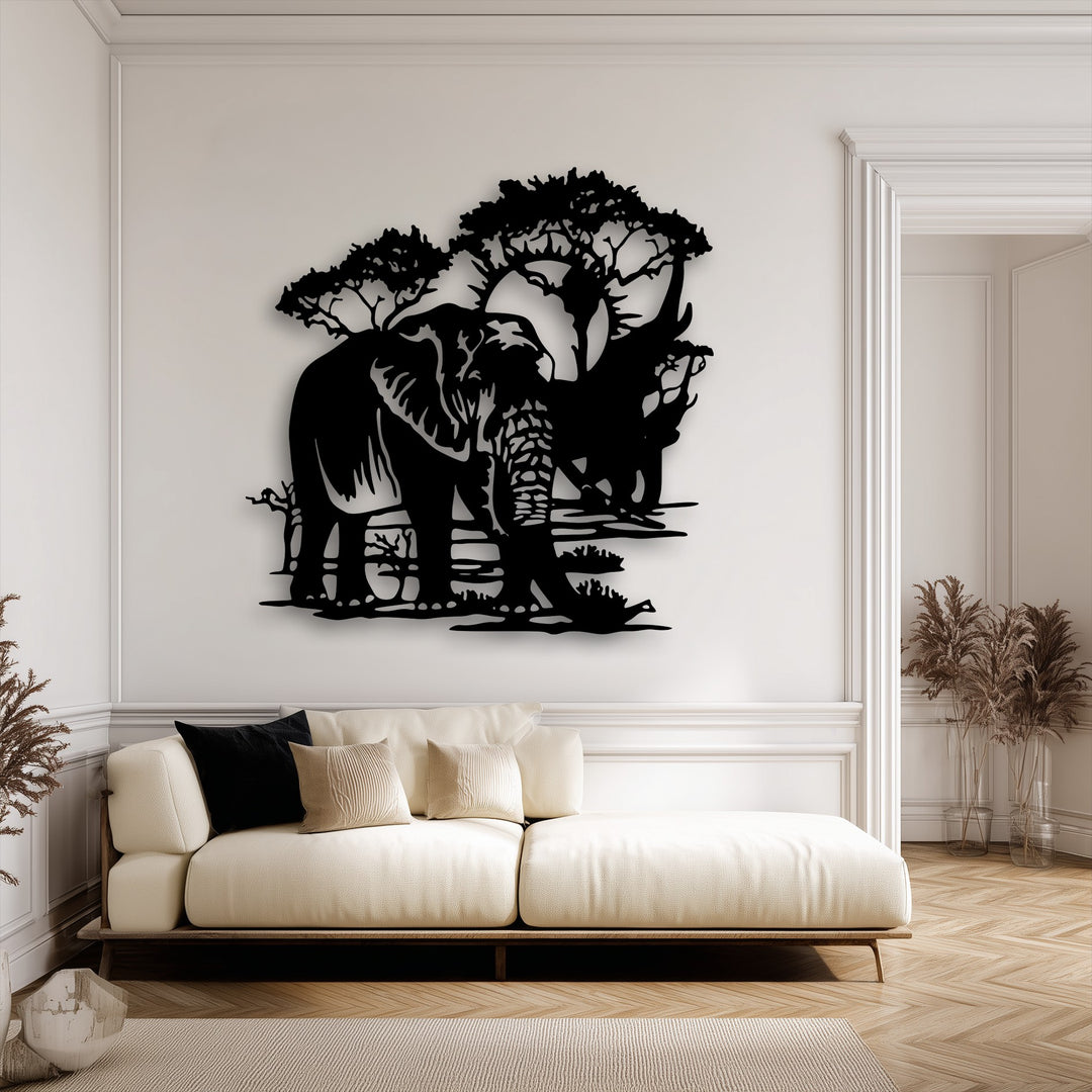 The abstract silhouette of a majestic elephant and rhinoceros within a safari landscape offers unique metal wall art.
