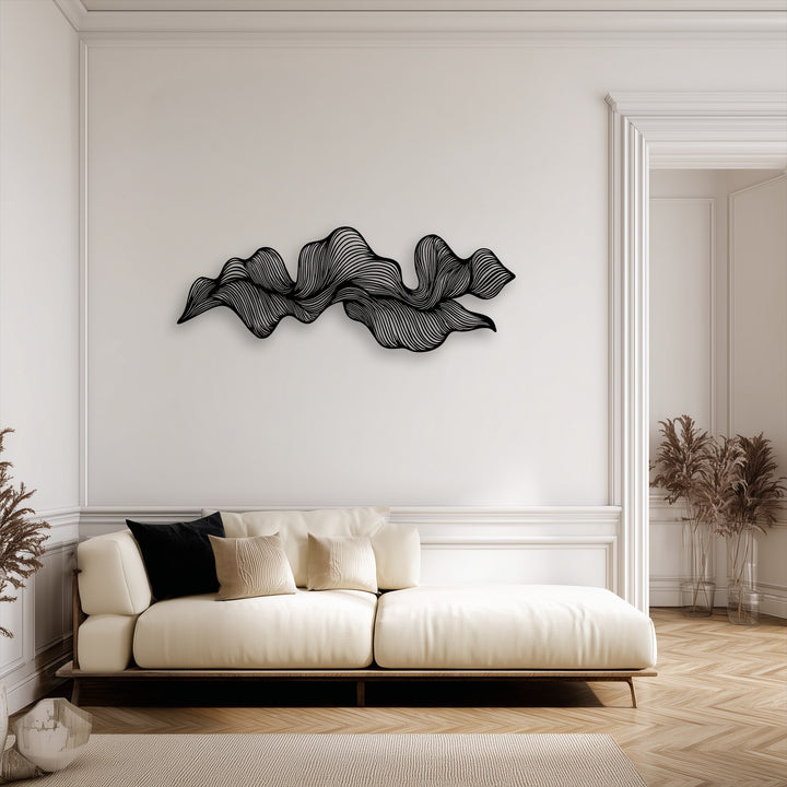 Horizontally oriented black abstract wave flow metal decoration wall art features modern line decor with a dynamic, flowing, and organic shape.
