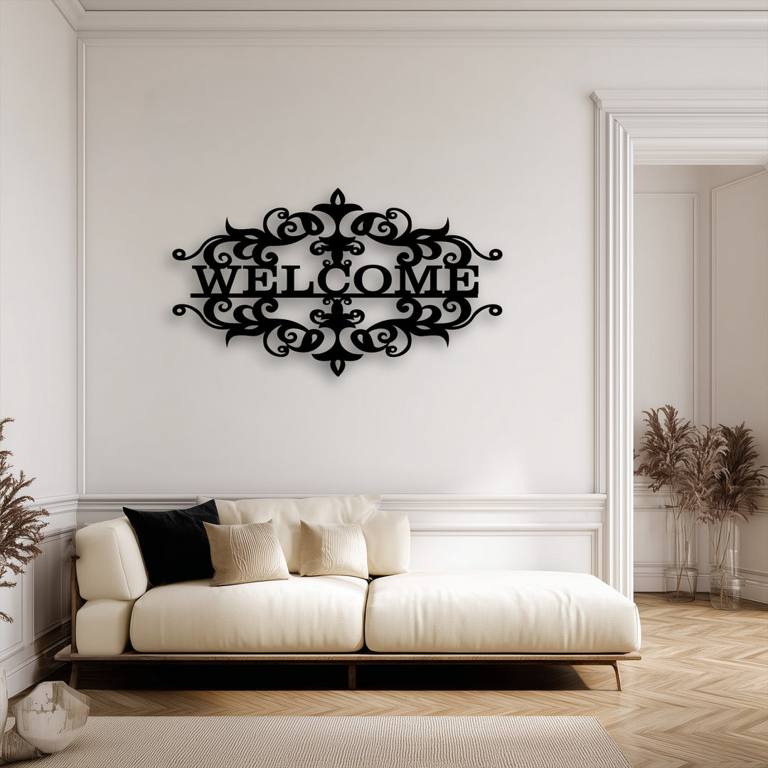 The layering effect brings dimension to the ornate welcome metal decoration wall art, which contrasts beautifully with the classic paneled wall.