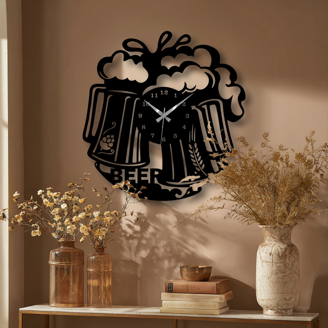 Silhouette of the frothy beer mug metal artwork wall clock, the central subject, as an eye-catching piece of home decor for pub-style spaces.