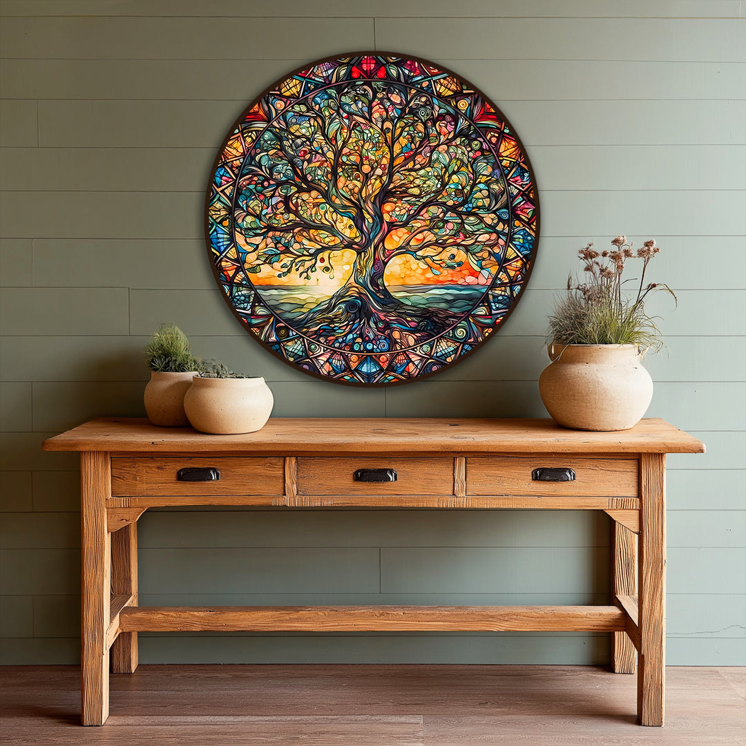 Highlighting the geometric elements, this modern oil painting art showcases the stained glass tree of life round oil painting with its vibrant, tessellated design.