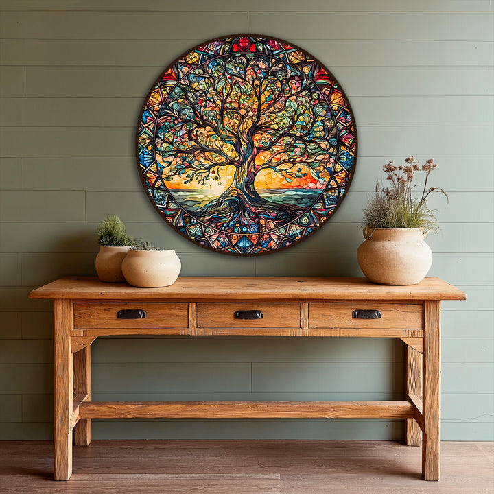 Highlighting the geometric elements, this modern oil painting art showcases the stained glass tree of life round oil painting with its vibrant, tessellated design.