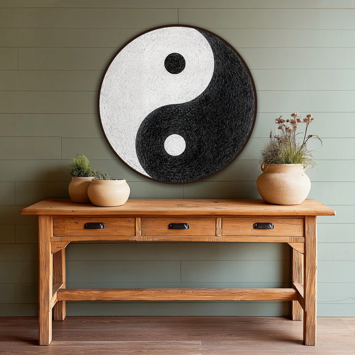 Swirling lines create a dynamic sense of movement within the balanced yin and yang in this round oil painting artwork, capturing the essence of eternal balance.