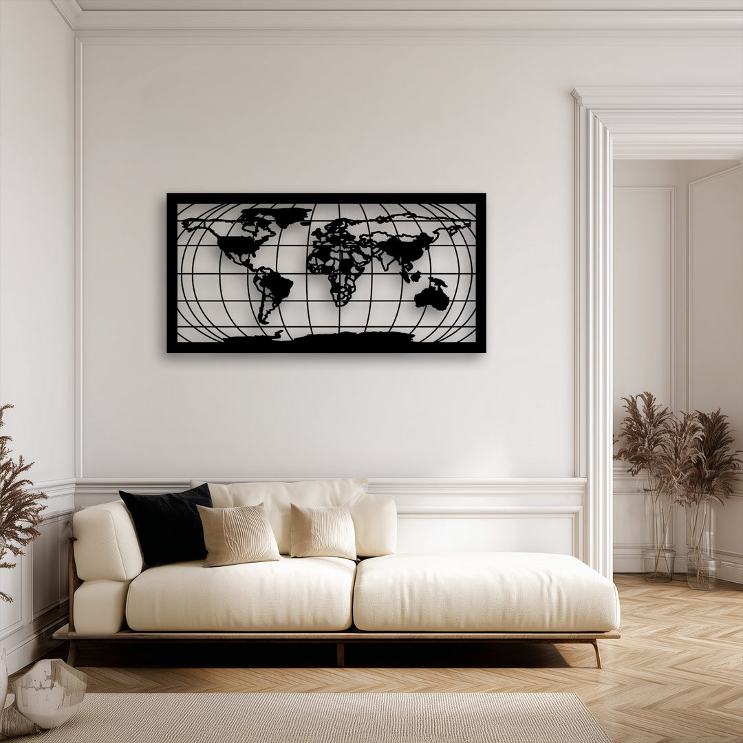 The focal point is a modern black world map grid silhouette decoration wall art, stylishly displayed above a cozy beige sofa.
