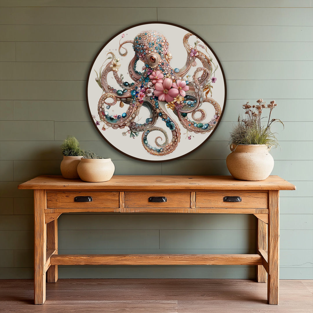 Green hues dominate this floral jeweled octopus round oil painting art piece, a coastal design showcasing an elegant ocean motif.