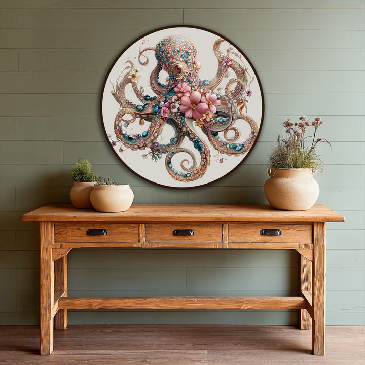Green hues dominate this floral jeweled octopus round oil painting art piece, a coastal design showcasing an elegant ocean motif.