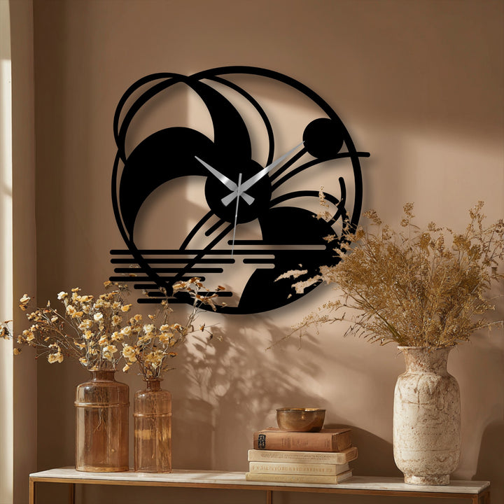 Subtle light and shadow interplay highlights the modern artistic design of this abstract landscape metal art for wall clock, accentuating its unique circular patterns.