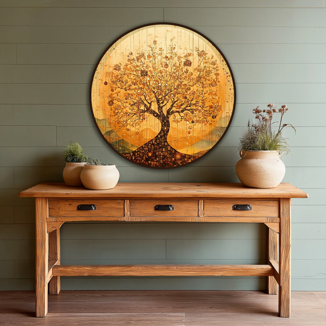 Light and shadow play across the round golden Tree of Life oil painting, creating depth and dimension in this beautiful piece of oil painting home decor.