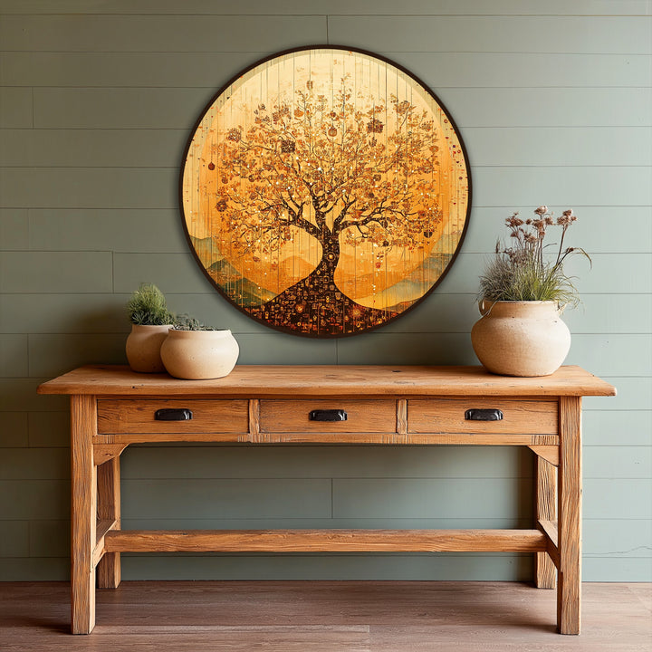 Light and shadow play across the round golden Tree of Life oil painting, creating depth and dimension in this beautiful piece of oil painting home decor.
