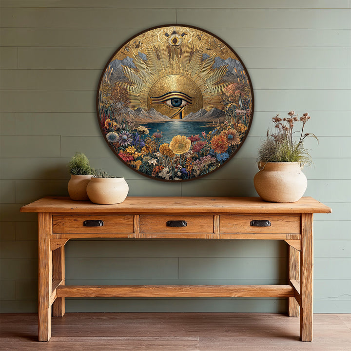 Grainy surface texture defines this golden horizon eye sacred landscape wooden oil painting wall art, enhancing its rustic charm.