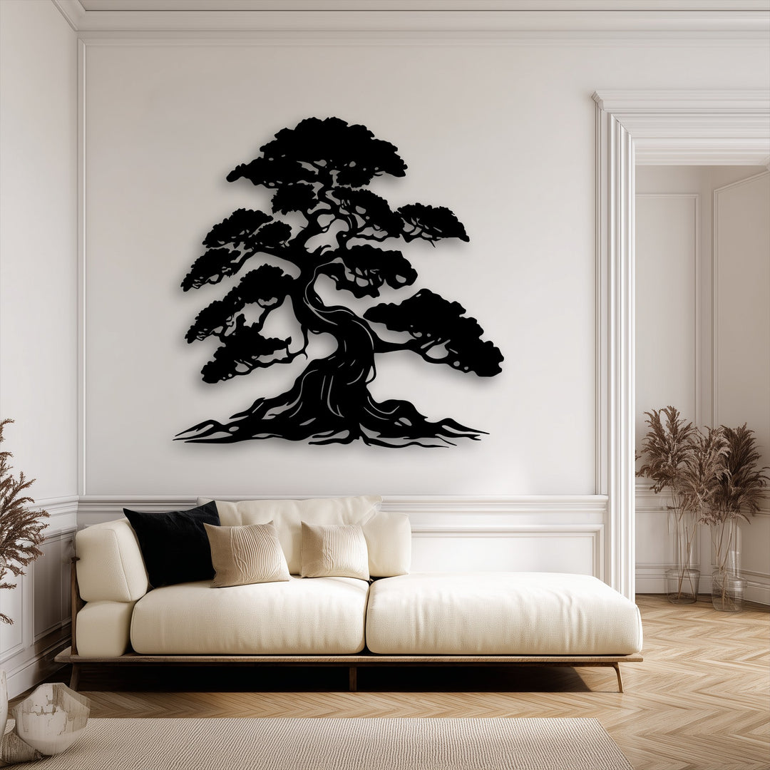 Dramatic light and shadow interplay highlights the elegant form of the bonsai tree decorative metal art on the pristine wall.