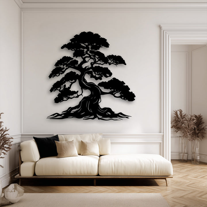 Dramatic light and shadow interplay highlights the elegant form of the bonsai tree decorative metal art on the pristine wall.