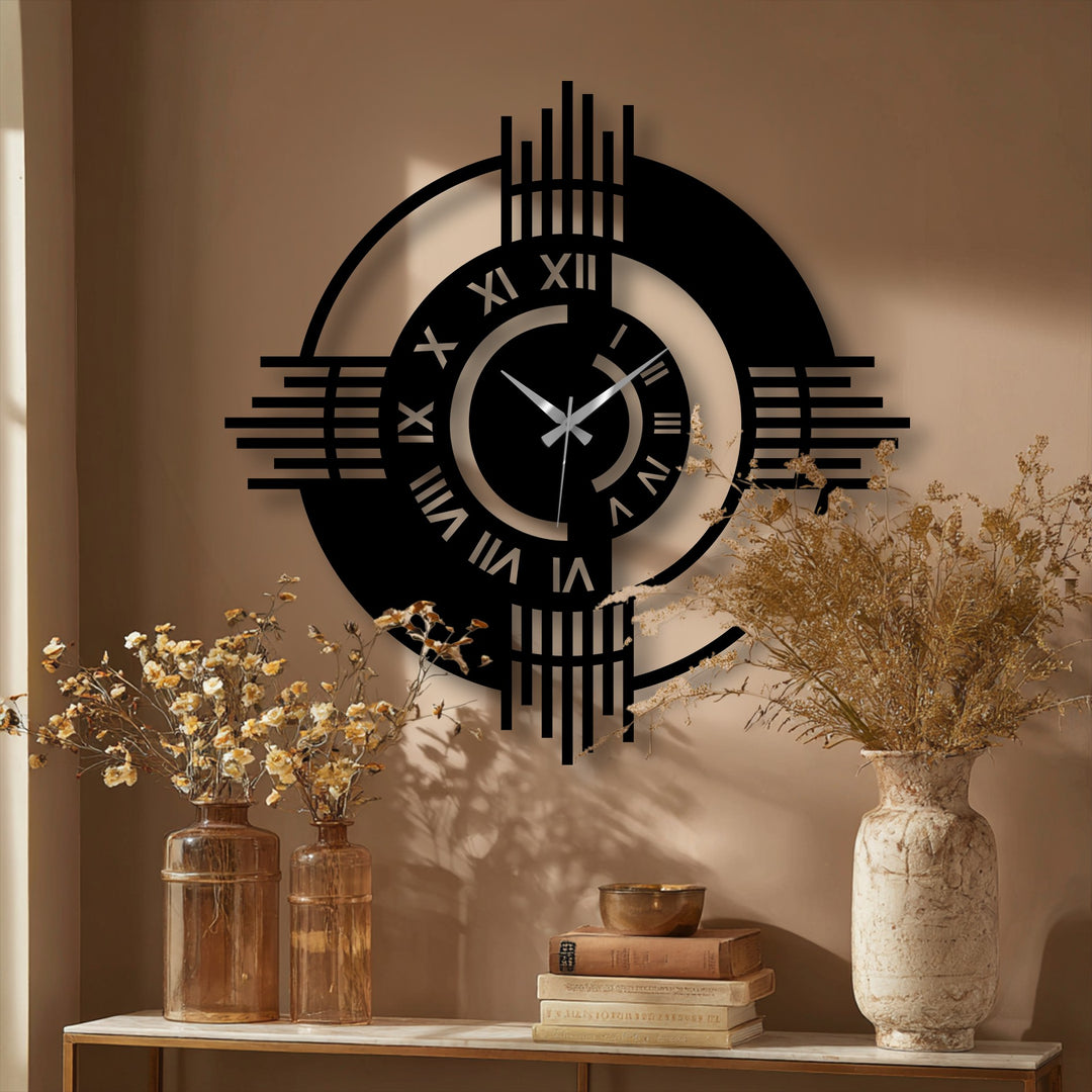 Dried floral arrangements and stacked books sit below a modern Roman numeral metal artwork geometric wall clock, offering stylish home decor.
