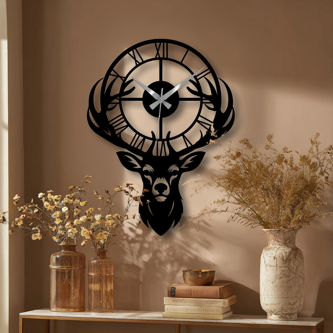 Highlighting the intricate edge design, this decorative deer antler metal wall clock features detailed borders showcasing rustic Roman numerals as stunning metal art for wall decor.