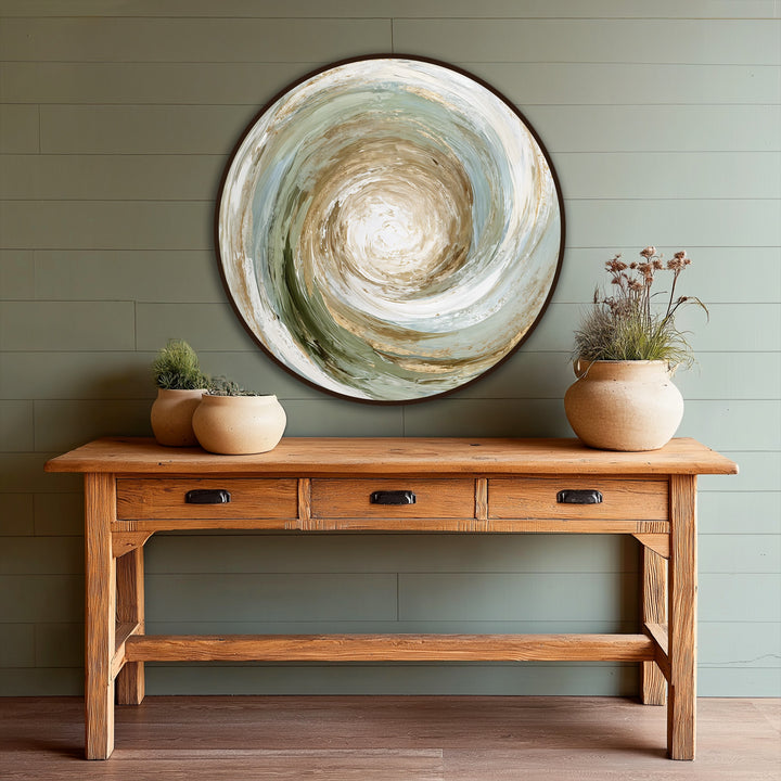 The stillness in this earth-toned, spiral abstract round oil painting evokes a quiet sense of peace, enhancing the oil painting home decor displayed.
