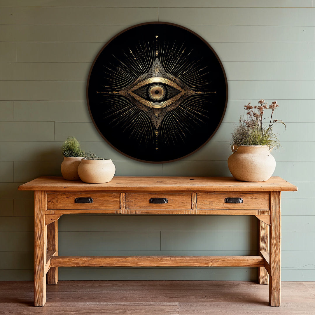 Intense color saturation defines the radiant golden geometric sacred eye, a striking oil painting art piece on a black round background.