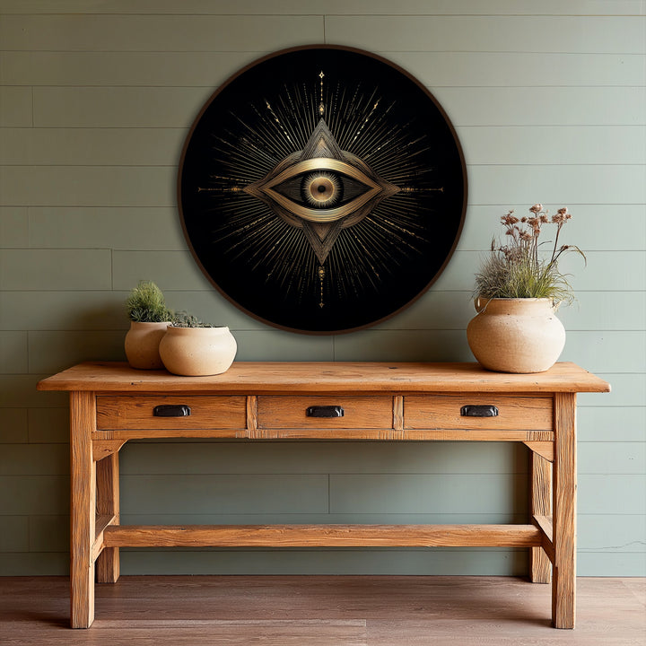 Intense color saturation defines the radiant golden geometric sacred eye, a striking oil painting art piece on a black round background.