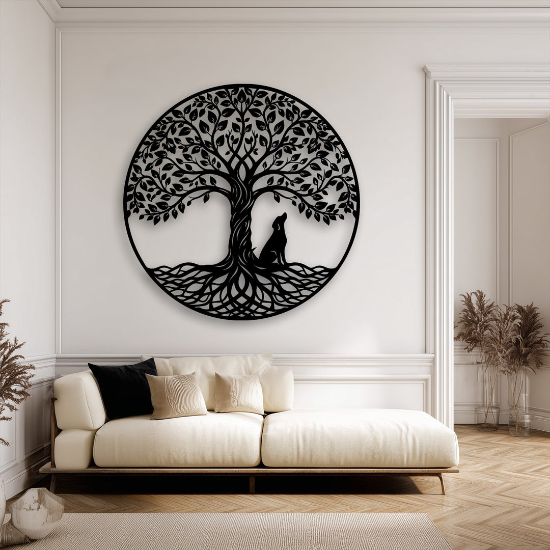 A vivid color transition from the stark black Tree of Life with Wolf metal art for wall to the soft ivory wall, flowing into warm neutral furnishings.