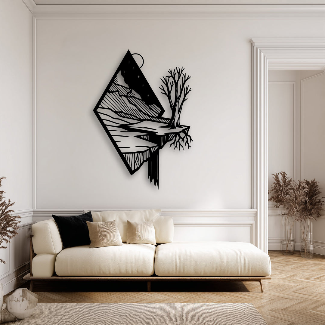 With low color saturation, this striking modern nature metal art for wall features a floating mountain landscape in stark black.