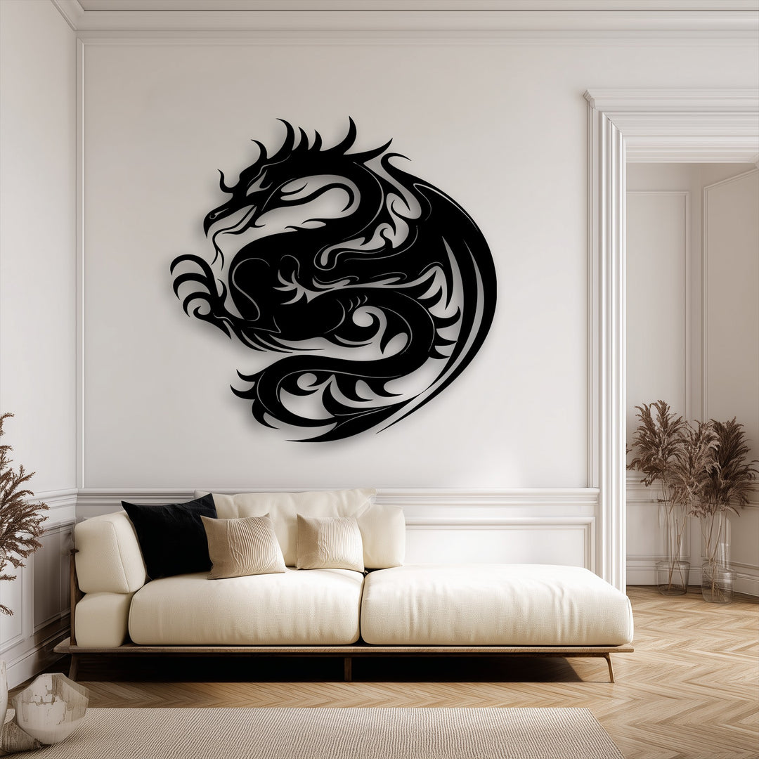 The darkest area reveals an intricate circular black dragon, a captivating piece of metal wall decor, embodying mythical power.