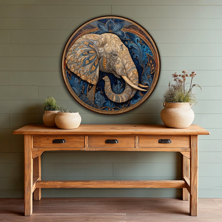 Light and shadow play across the ornate details of this royal lotus guardian, highlighting the intricate textures of the elephant in this round oil painting decoration.