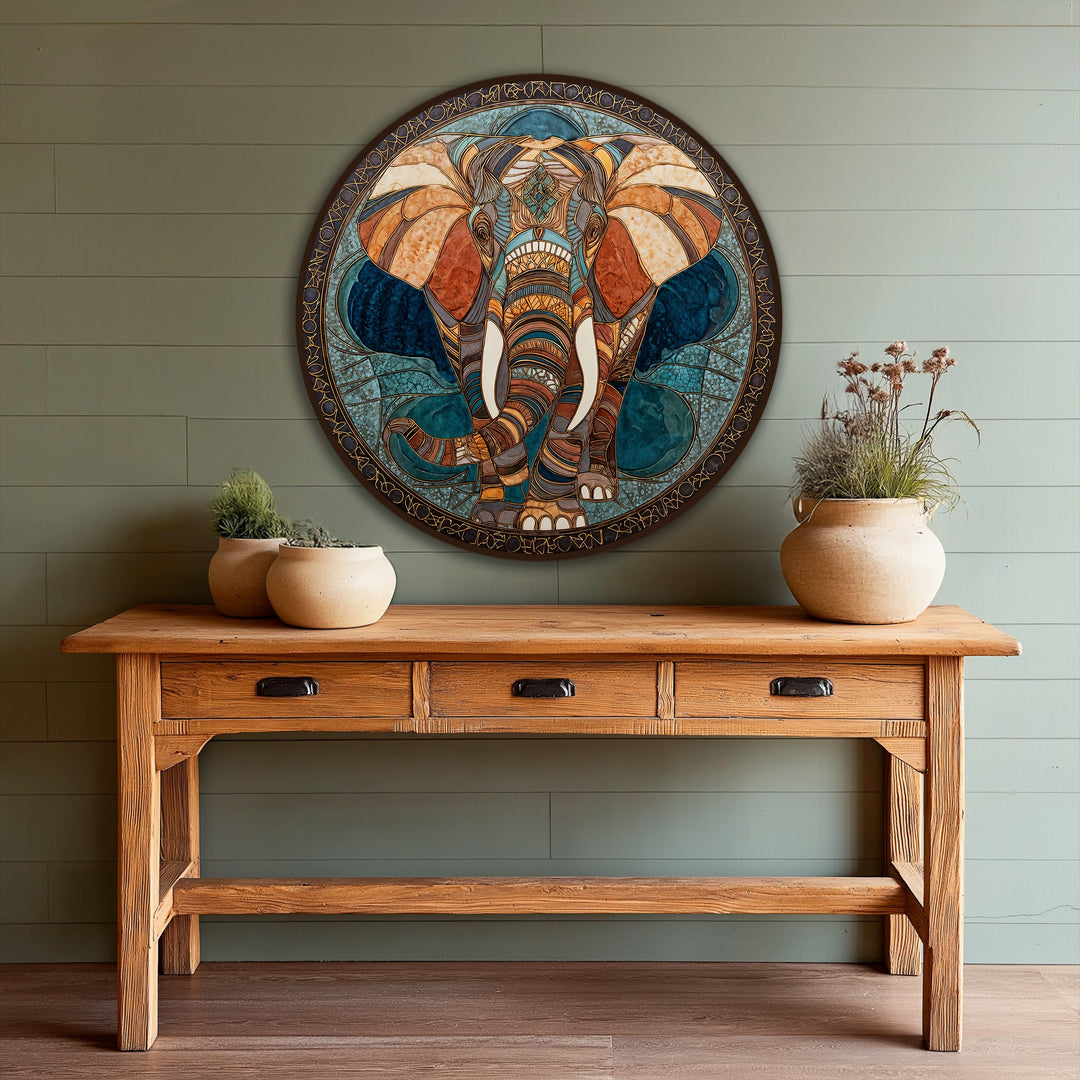 Subtle textural details in the lotus backdrop offer a gentle contrast to the ornate elephant in this round sacred mosaic majesty oil painting art prints.