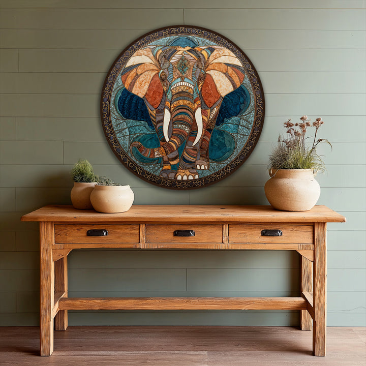 Subtle textural details in the lotus backdrop offer a gentle contrast to the ornate elephant in this round sacred mosaic majesty oil painting art prints.