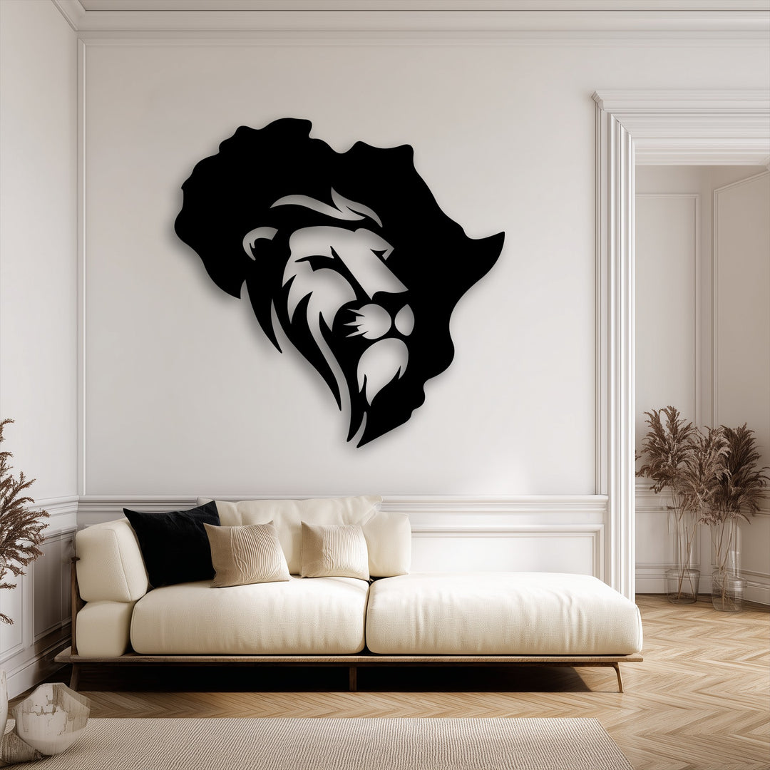 Organic forms define the striking black Africa Map Lion metal decoration wall art, harmonizing with the natural texture of pampas grass and soft furniture.