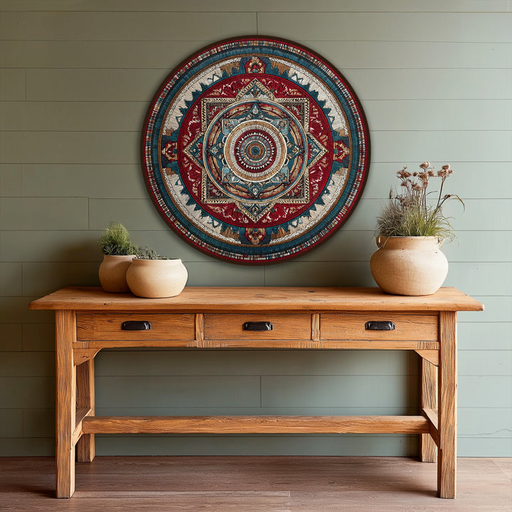 Showcasing the layering effect, the ornate geometric mandala of this vibrant round oil painting provides stunning oil painting decoration with rich colors and intricate details.
