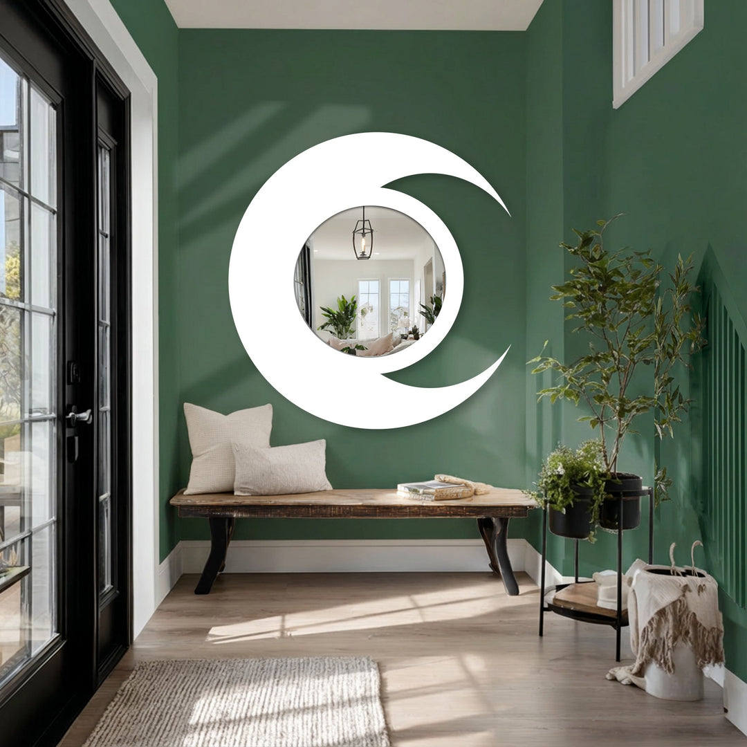 Textured surface of the modern crescent moon round metal wall decor gives depth to the celestial design, contrasting with the smooth, reflective mirror.