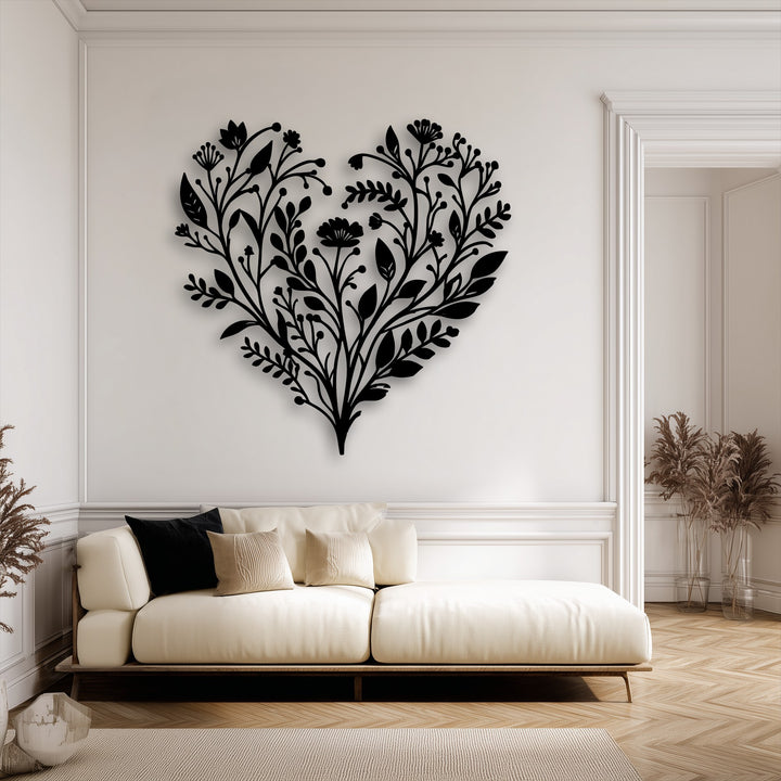 The serene mood is perfectly captured by the elegant botanical heart metal art for wall, beautifully adorning a minimalist living space.