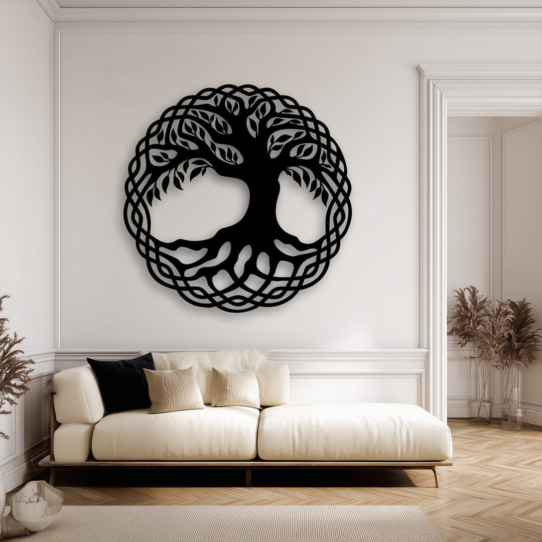 The elegant black Celtic Tree of Life decoration wall art creates a captivating layering effect with its intricate design against the wall.