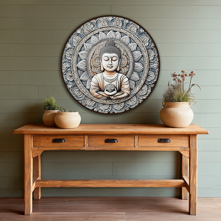 Illuminating the serene face of Buddha, the brightest area highlights the exquisite detail of this round mandala oil painting artwork.