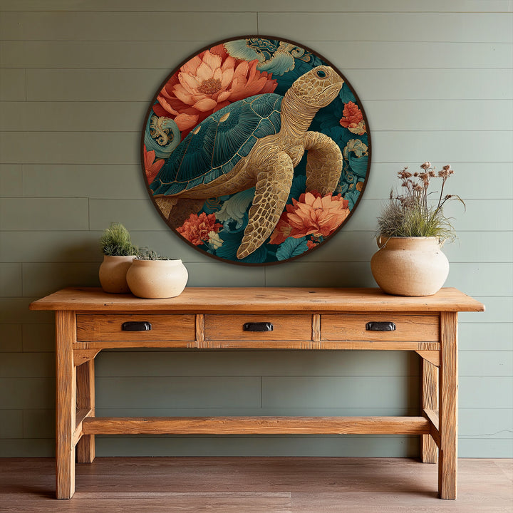 Soft, coral-hued flowers contrast beautifully with the intricate shell of a golden sea turtle in this captivating oil painting art piece on wood.