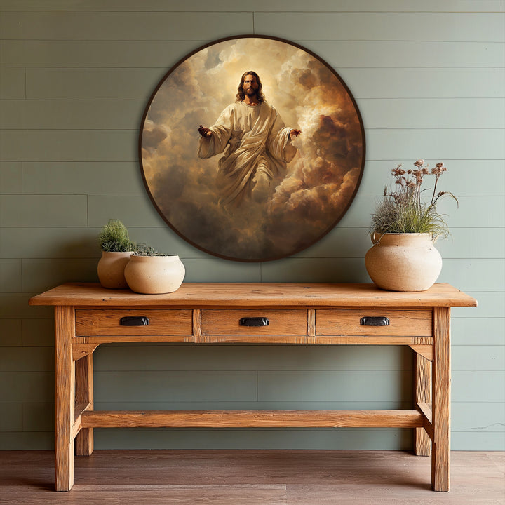 Circular composition showcases the 'Heavenly Grace' oil painting decoration, with a contrasting rectangular wooden console table and horizontal wall paneling.