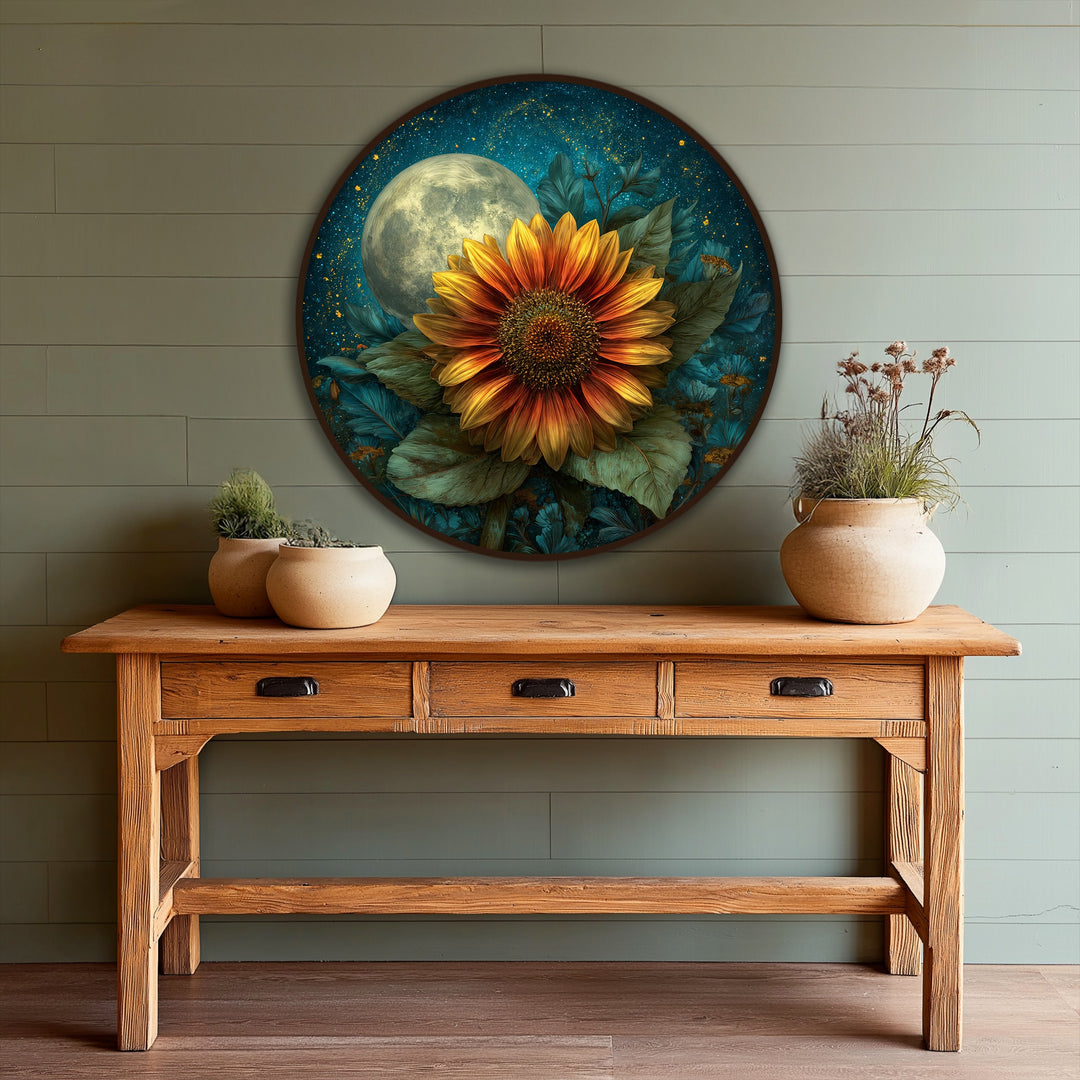 Glowingly soft moon in this modern oil painting art, 'Moonlit Sunflower Bloom,' illuminates the intricate floral details and dreamy ambiance of the round canvas.
